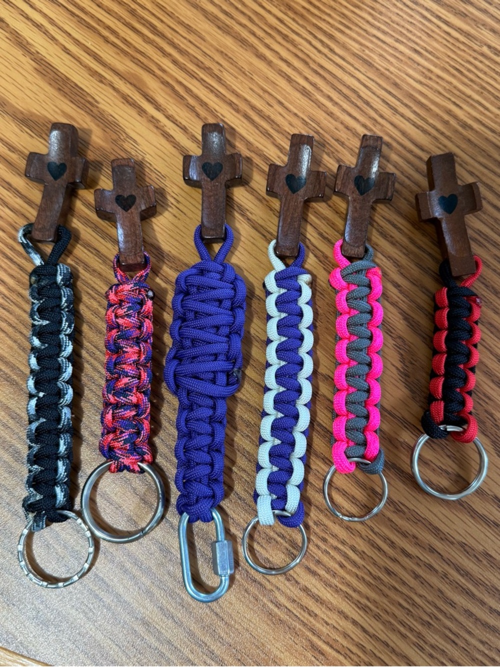 Wooden Worry Cross with Heart Inlay Paracord Keychains - Assorted Colors
